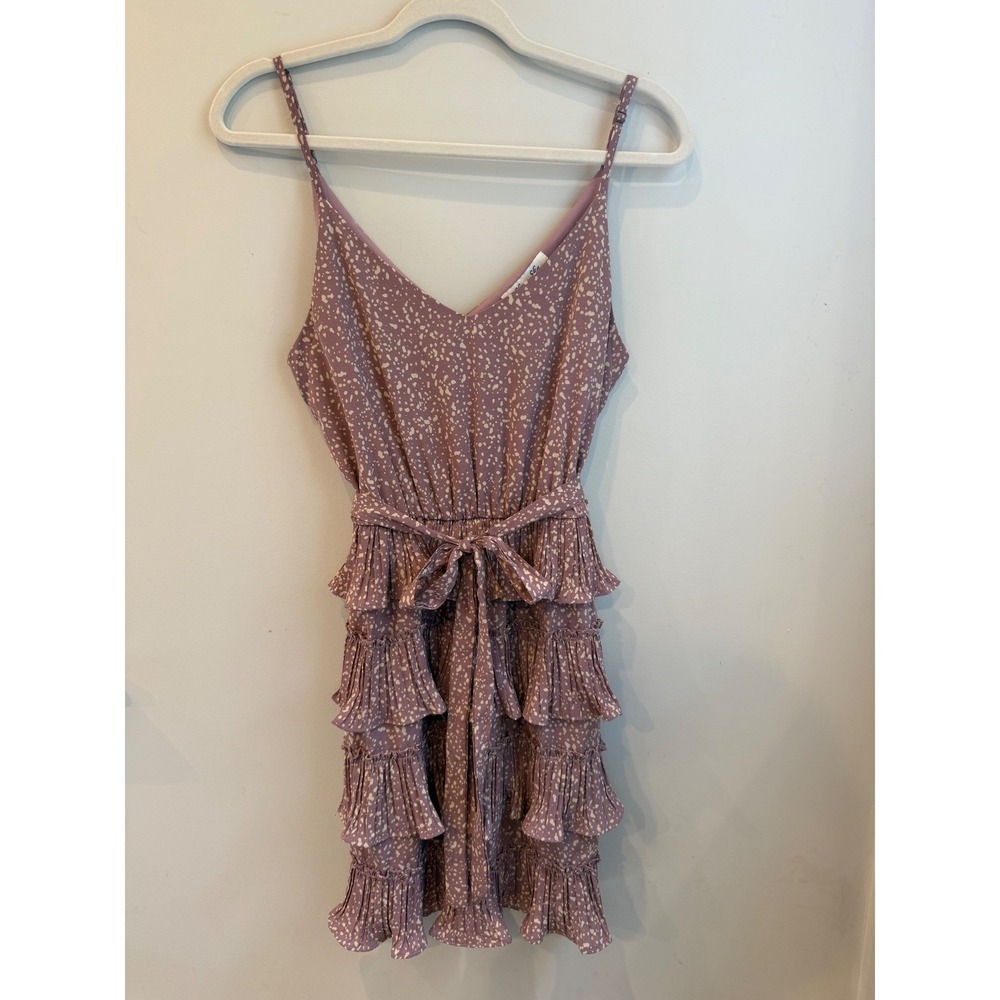 She + Sky Mauve Speckled Pleated Tiered Ruffle Mini Dress V-Neck Small SS4169